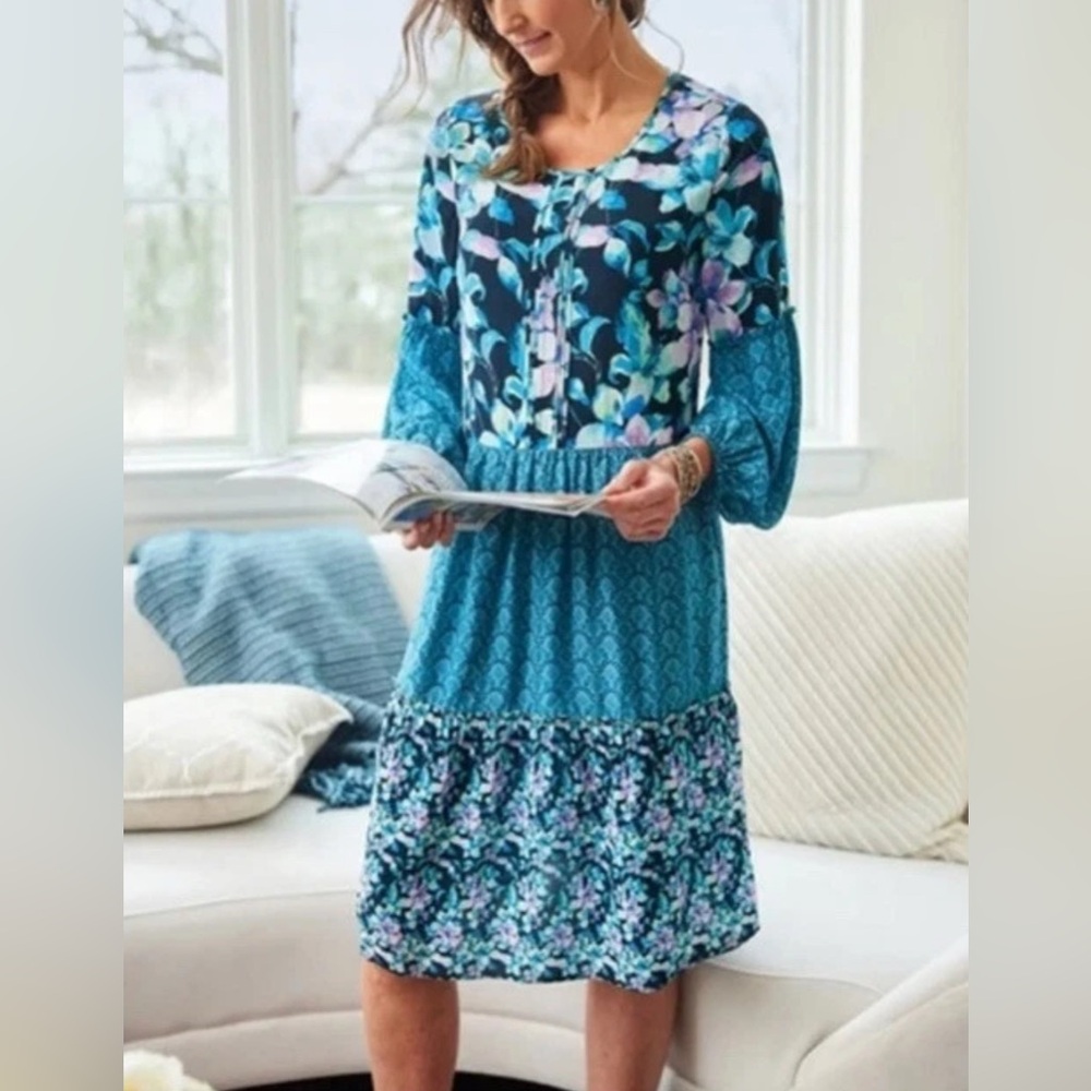 Soft Surroundings Blue and Purple Tiered Sundress with Bell Sleeves